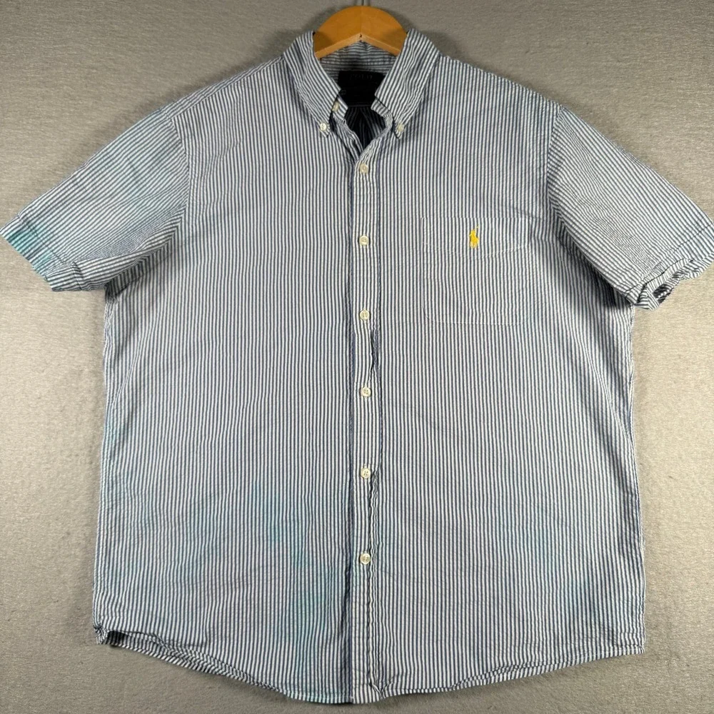 Polo Ralph Lauren Men Blue White Seersucker Short Sleeve Button Down Shirt Large